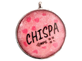 Placa NFC circular ChispID en resina rosa con estampado de corazones y bisel plateado