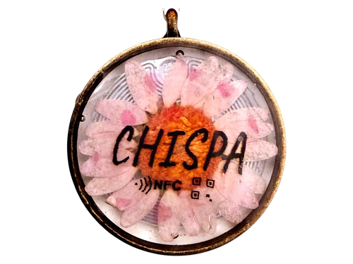 Placa NFC circular ChispID con flor rosa prensada y bisel bronce